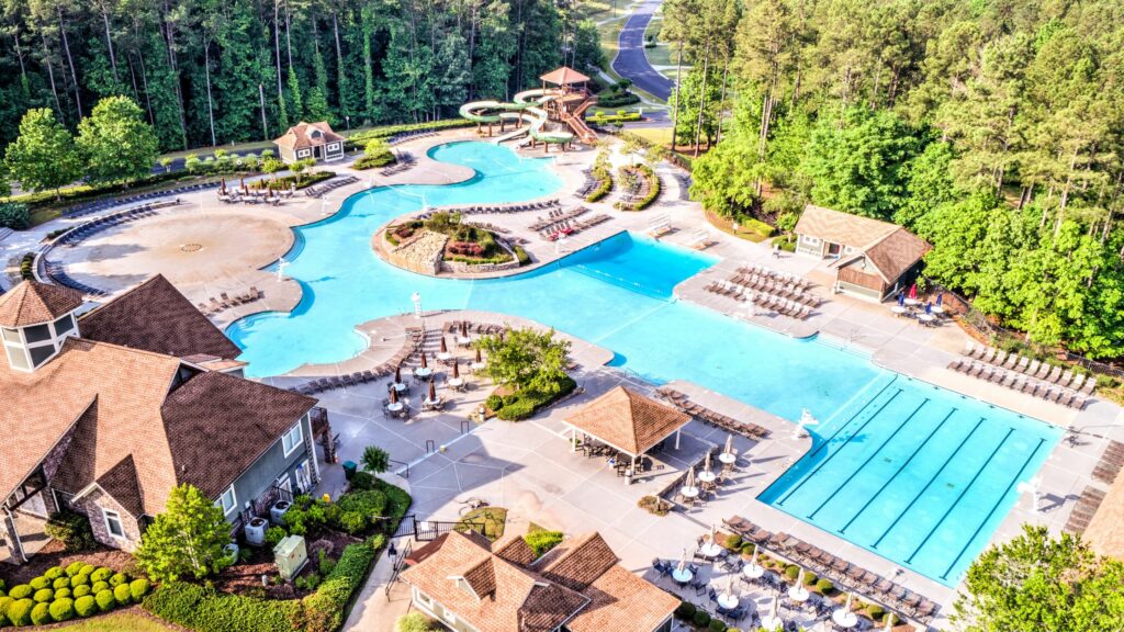 Aerial view of the BridgeMill Pool in the BridgeMill subdivision located in Canton, GA